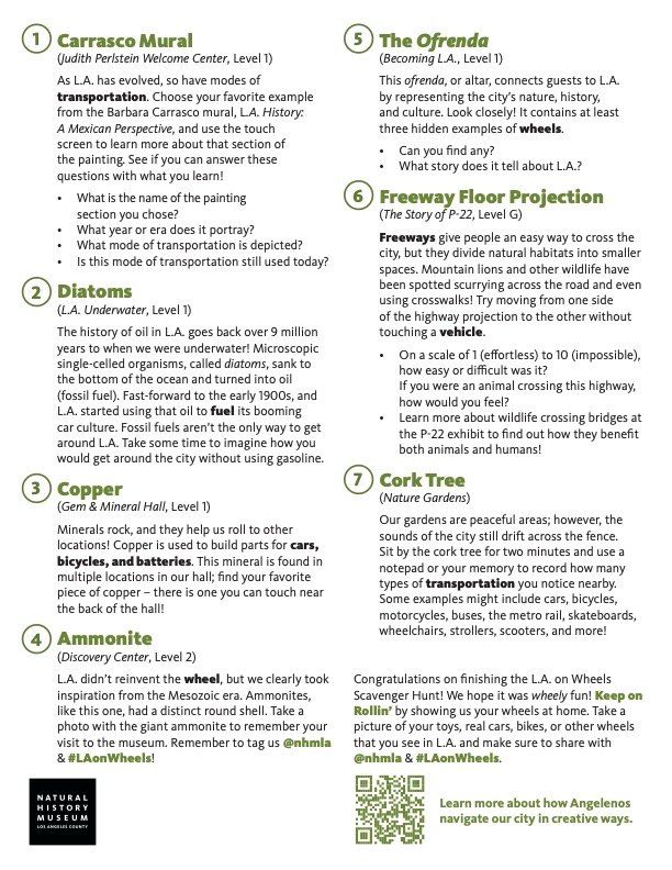 back of LA On Wheels scavenger hunt sheet