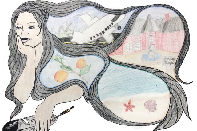 woman with hand-drawn images of los angeles in her hair