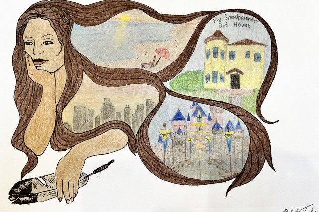 woman with scenes of los angeles drawn into her hair