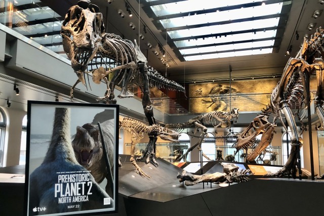 Poster for Prehistoric Planet 2 in front of mounted dinosaur skeletons
