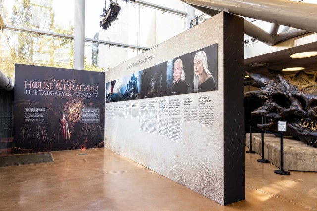 Installation view of two temporary walls with images from House of the Dragon television show 