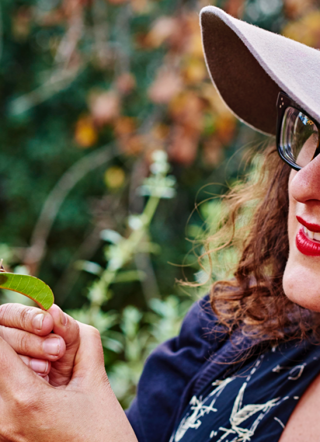 Photograph of a museum visitor in the nature gardens looking at a snail on a leaf