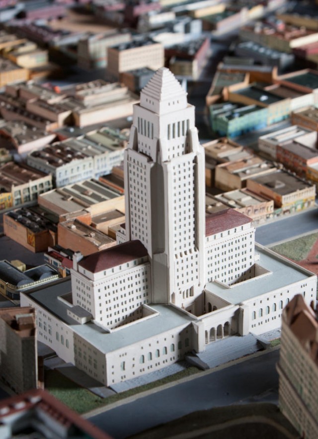 Close up photo of city model including the L.A. City Hall from Becoming Los Angeles exhibition