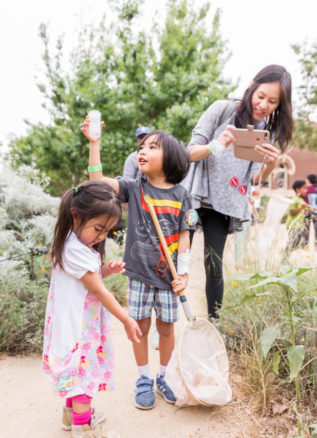 family in the nature gardens at bug fair mother children kids