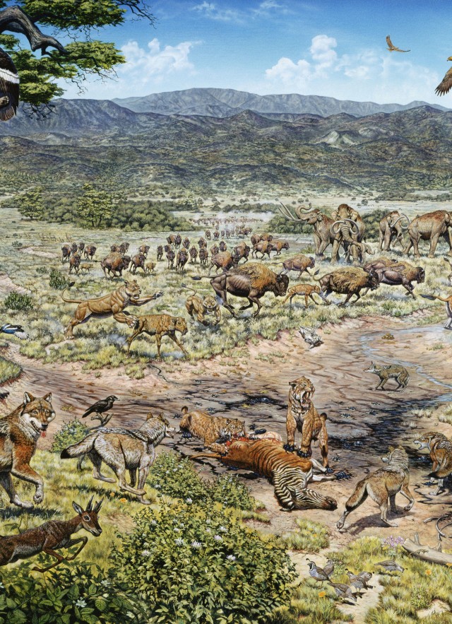 Painting of ice age Los Angeles featuring animals found as fossils at the Tar Pits