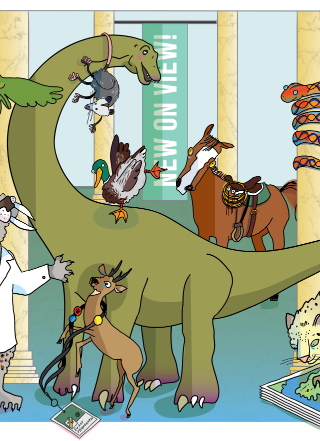 Gnatalie the green dinosaur, sloth, parrot, and other cartoon animals frolicking in the foyer of NHM