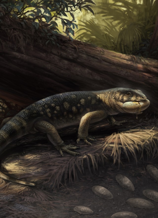 A life-like painting of a large lizard lurking over a nest of dinosaur eggs with one already in its mouth 