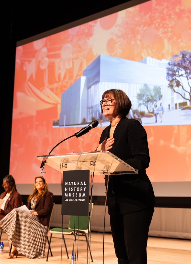 A woman with a page-boy haircut speaking at a lecturn in front of a projection of a building. She&#039;s wearing black and thick glasses, to her right are several other seated guests.