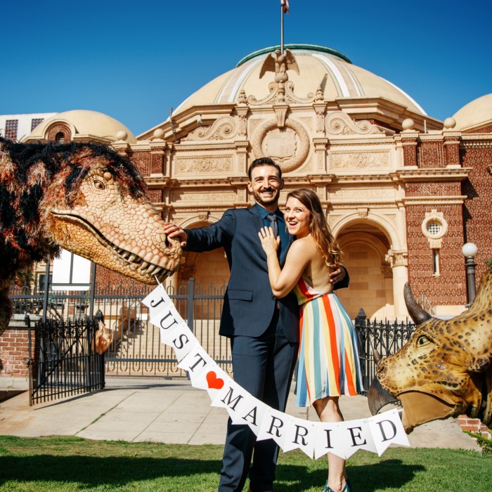Dinosaur Puppets with a Newly Married Couple