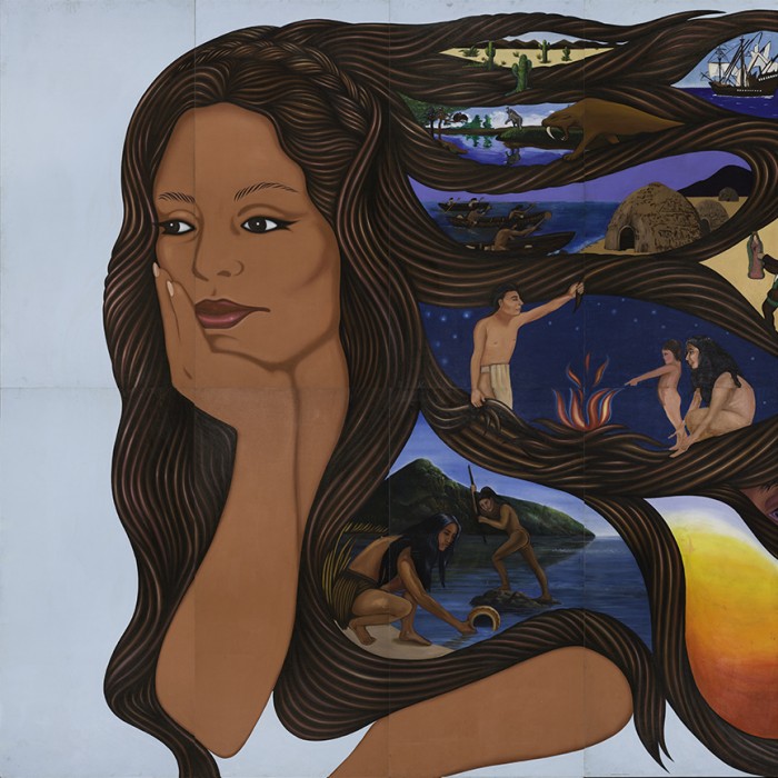 A painting of a woman with scenes of L.A. woven in her hair
