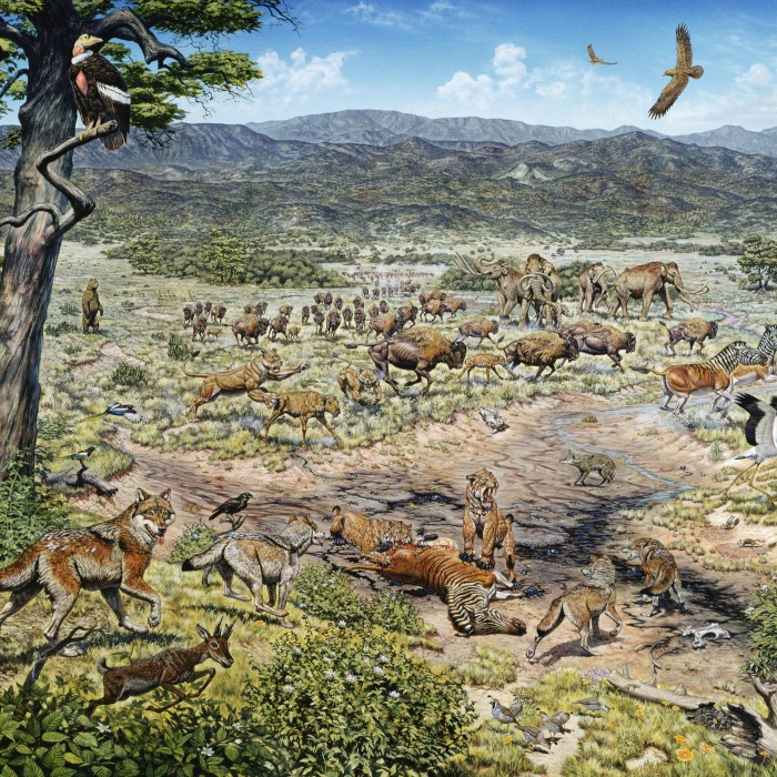 Painting of ice age Los Angeles featuring animals found as fossils at the Tar Pits