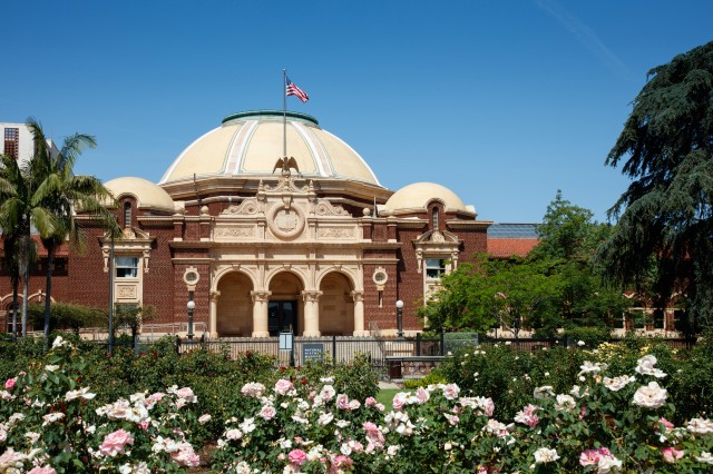 view of the 1913 building from the rose garden