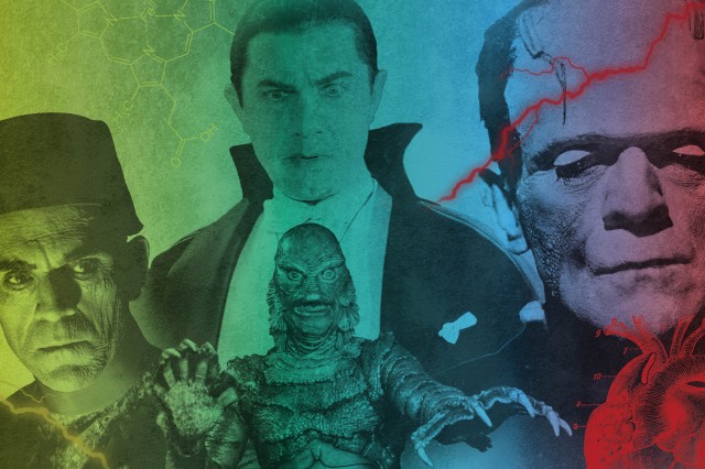 four icons of horror films, frankenstein, dracula, the mummy, and the creature