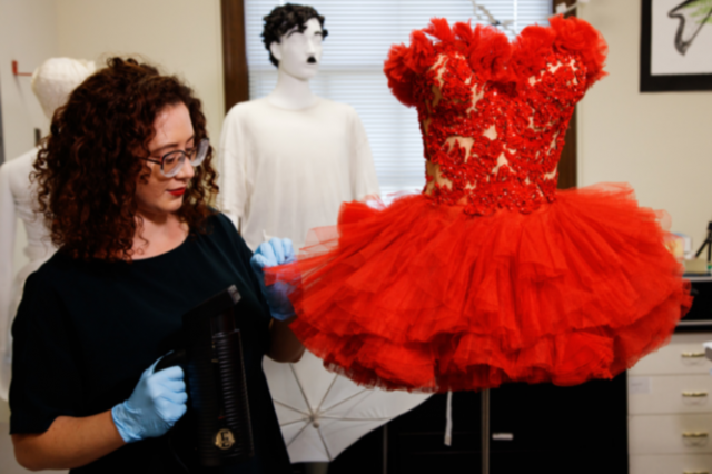 Marina Gibbons working on Betty Grable Red Tutu