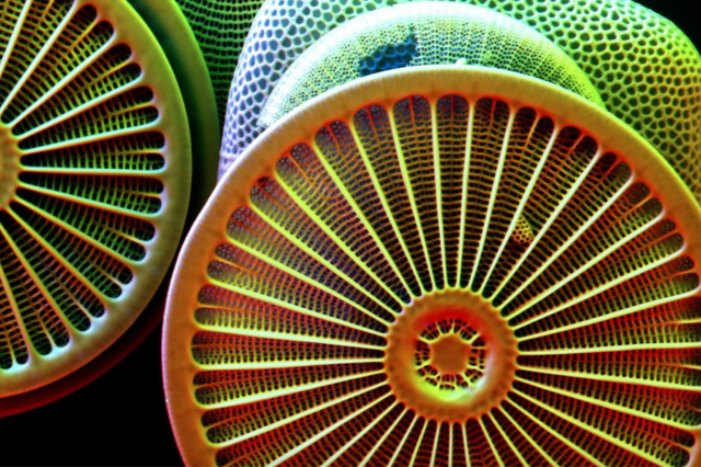 Magnified image of colored structures that resemble bicycle wheels