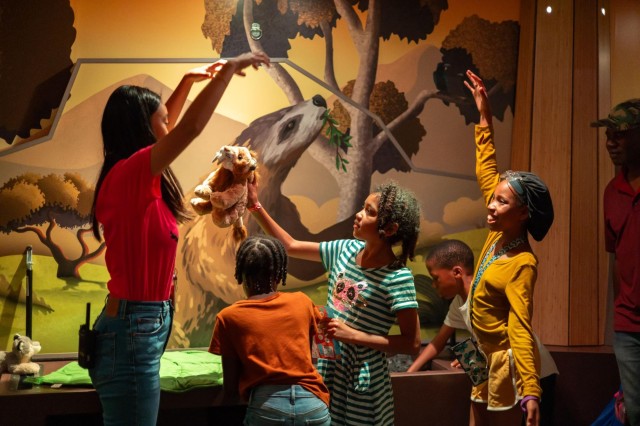 Teachers and students raising their arms with an illustration of a sloth in the background