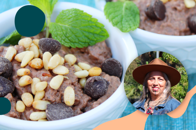 Head shot of Heidi Lucero in front of a serving dish of chocolate chia pudding