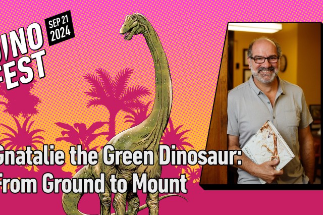 Green dinosaur next to rectangular portrait of Luis Chiappe against a pink background with palm trees