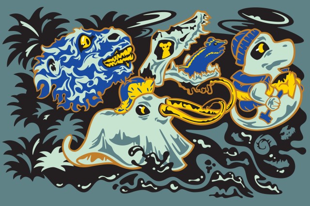 White and blue ghosts on a blue-gray background