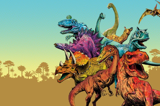 Red, orange, purple, blue, and yeloow dinosaurs against a blue sky and tan landscape