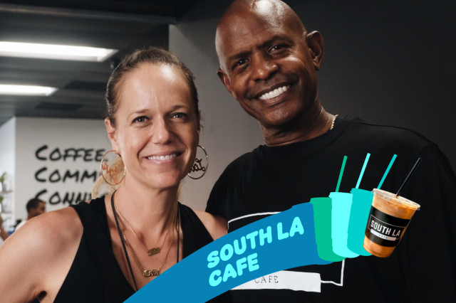 South LA Cafe co-founders Joe and Celia Ward-Wallace smiling together inside their cafe. A teal graphic banner across the bottom features the company name and their signature "Western" horchata latte.