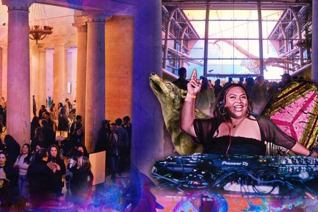 DJ pointing upwards with a taxidermy wolf, whale skeleton, and visitors in the background