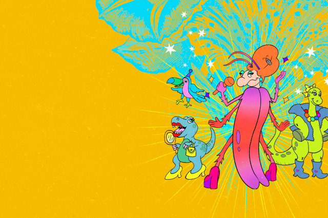  A vibrant promotional graphic for "PRIDE in BLOOM" featuring colorful, cartoon dinosaurs and a large insect in drag. The characters are dressed in glamorous accessories like high heels, jewelry, and makeup against a bright yellow and blue sunburst background. Logos for the Los Angeles Public Library, Natural History Museum, and Drag Arts Lab appear at the bottom left.