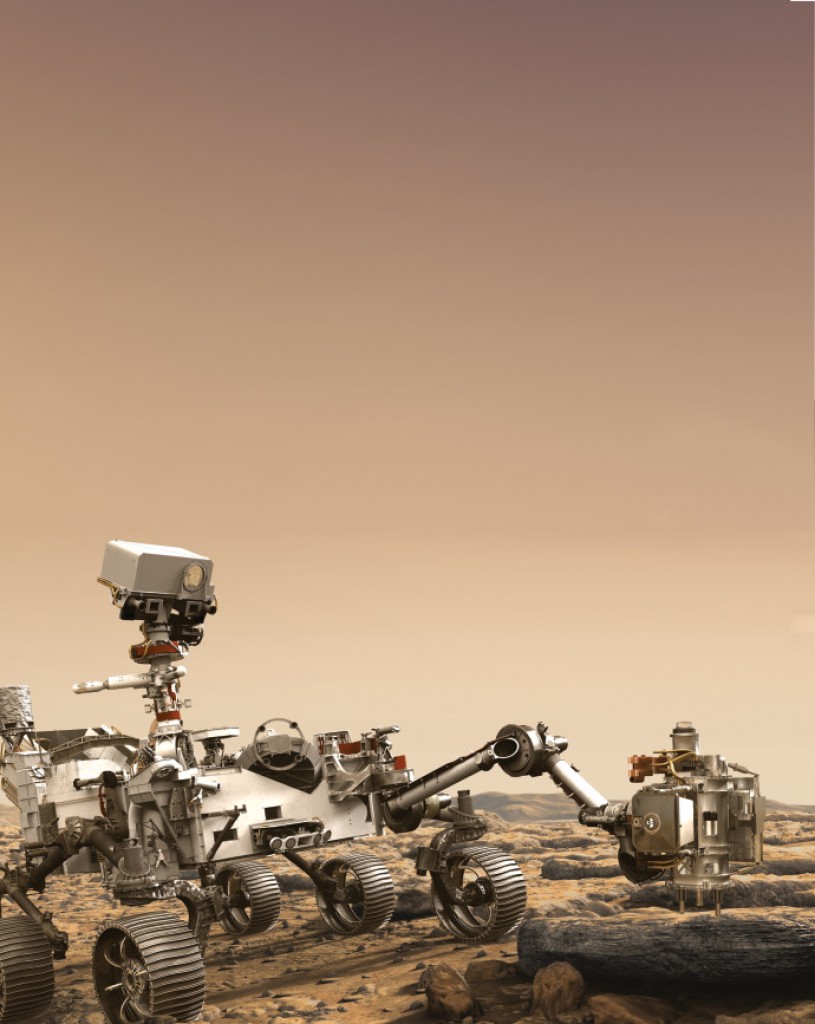 This artist’s rendition depicts NASA’s Mars 2020 rover studying a Mars rock outcrop.