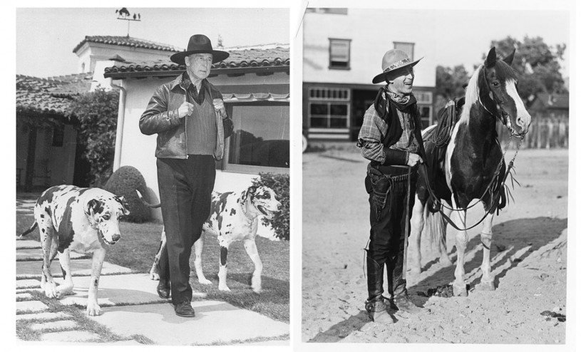 William S. Hart with his dogs and his horse