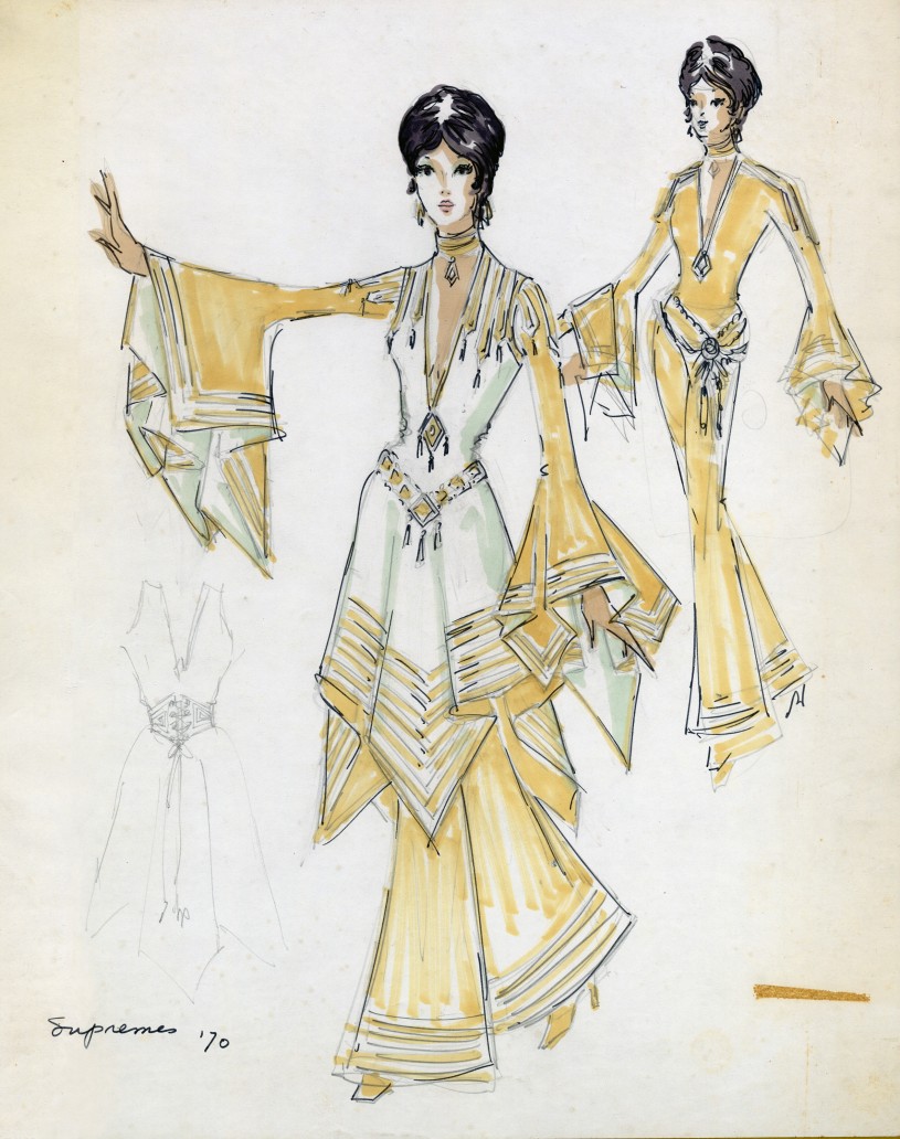 Sketch of a Supremes gown - with large flowy sleeves and bottoms.