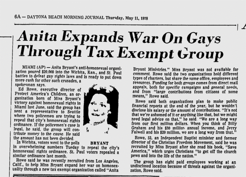Article clipping with headline "Anita Expands War on Gays Through Tax Exempt Group"