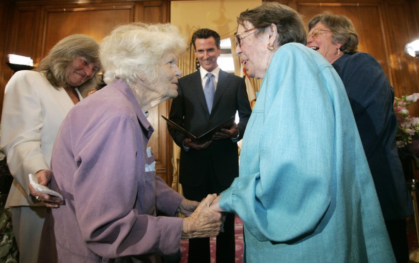Phyllis Lyon marries Del Martin at a wedding ceremony officiated by then-Mayor Gavin Newsom of San Francisco in 2008