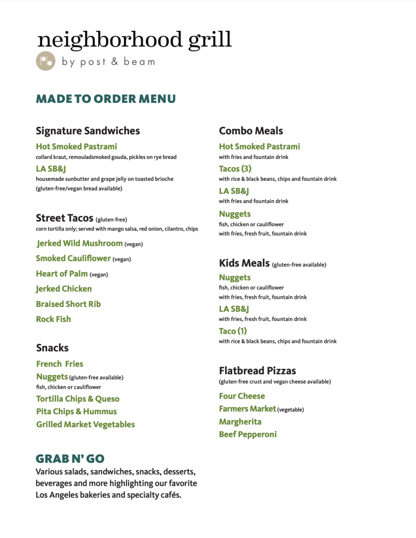 Neighborhood Grill by Post &amp; Beam menu no prices