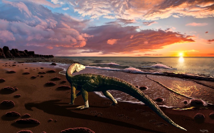 Benggwigwishingasuchus eremicarminis on the Panthalassan Ocean coast (artwork by Jorge Gonzalez)