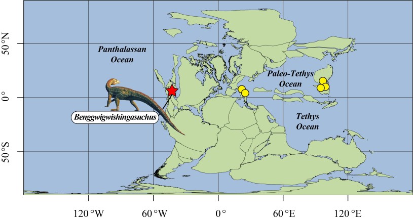 A map of the Middle Triassic oceans and the archosauriforms described from eastern coastal settings (yellow dots), as well as the new species B. eremicarminis from the Panthalassan coast (red star)