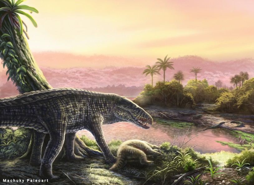 Illustration of a long-legged crocodile-looking reptile looks at a mammal carcass on an ancient tropical islands 