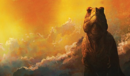 Brown dinosaur against an orange yellow cloudy sky